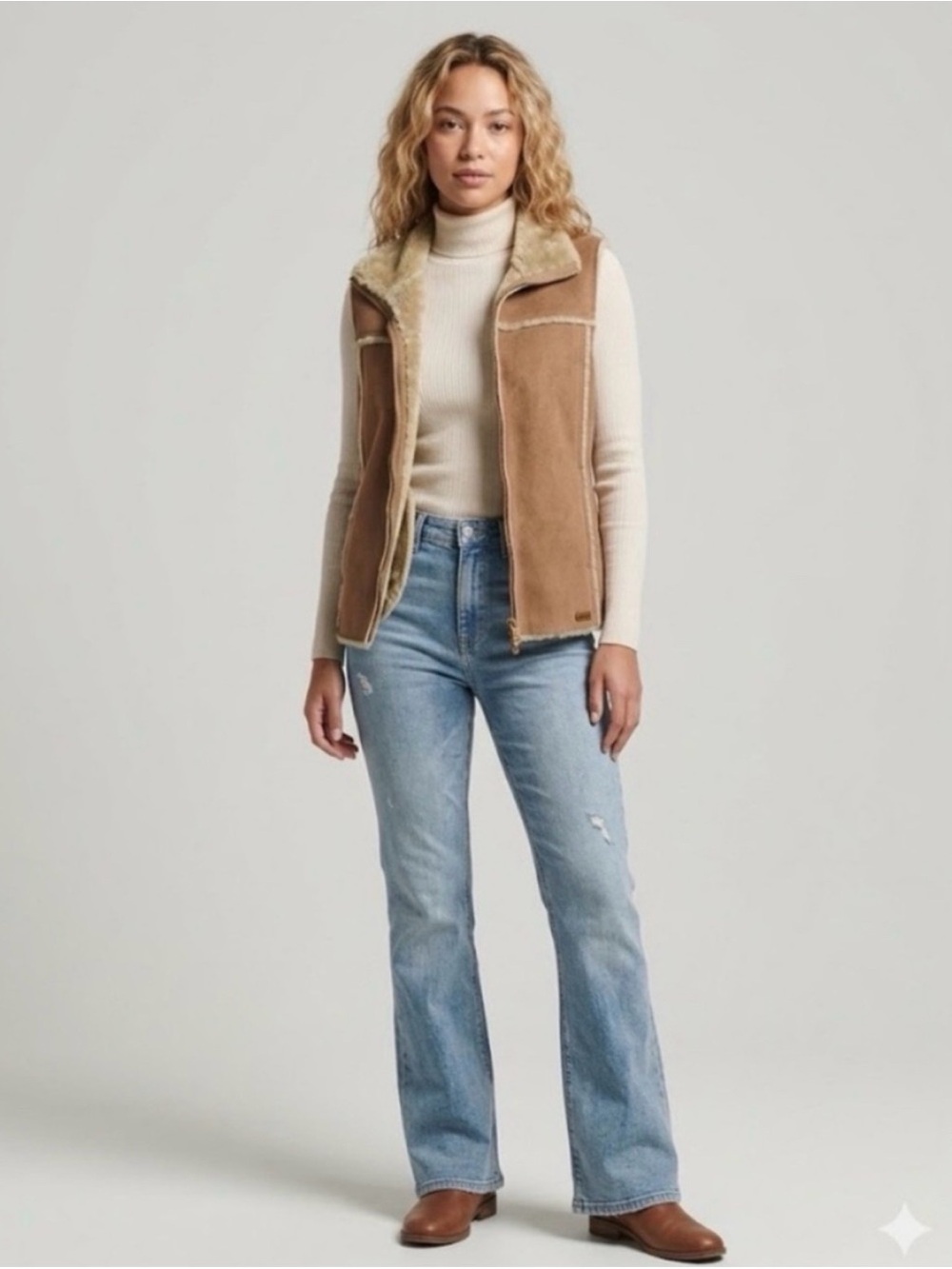 Y2K Camel Suede Faux Shearling Zip Vest | Western Boho Cozy Fall Size Small